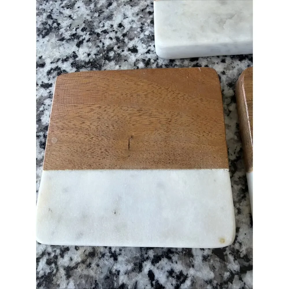 Manchester Coaster Set White Marble & Wood Threshold 4
